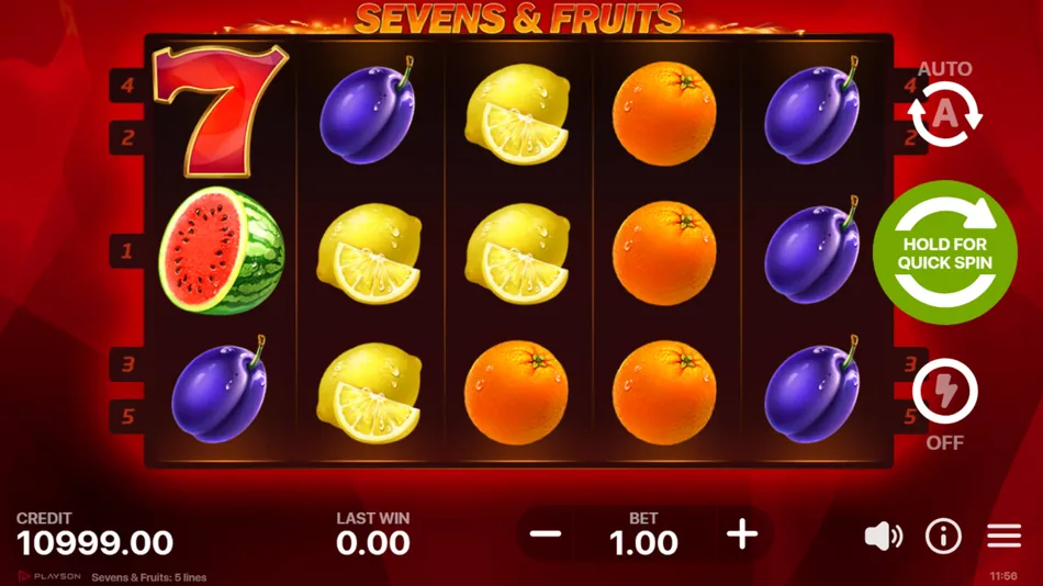 Sevens & Fruits base game grid with 5 fixed paylines