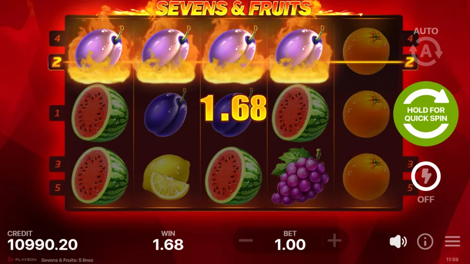 Fixed payline win highlighted in Sevens & Fruits slot